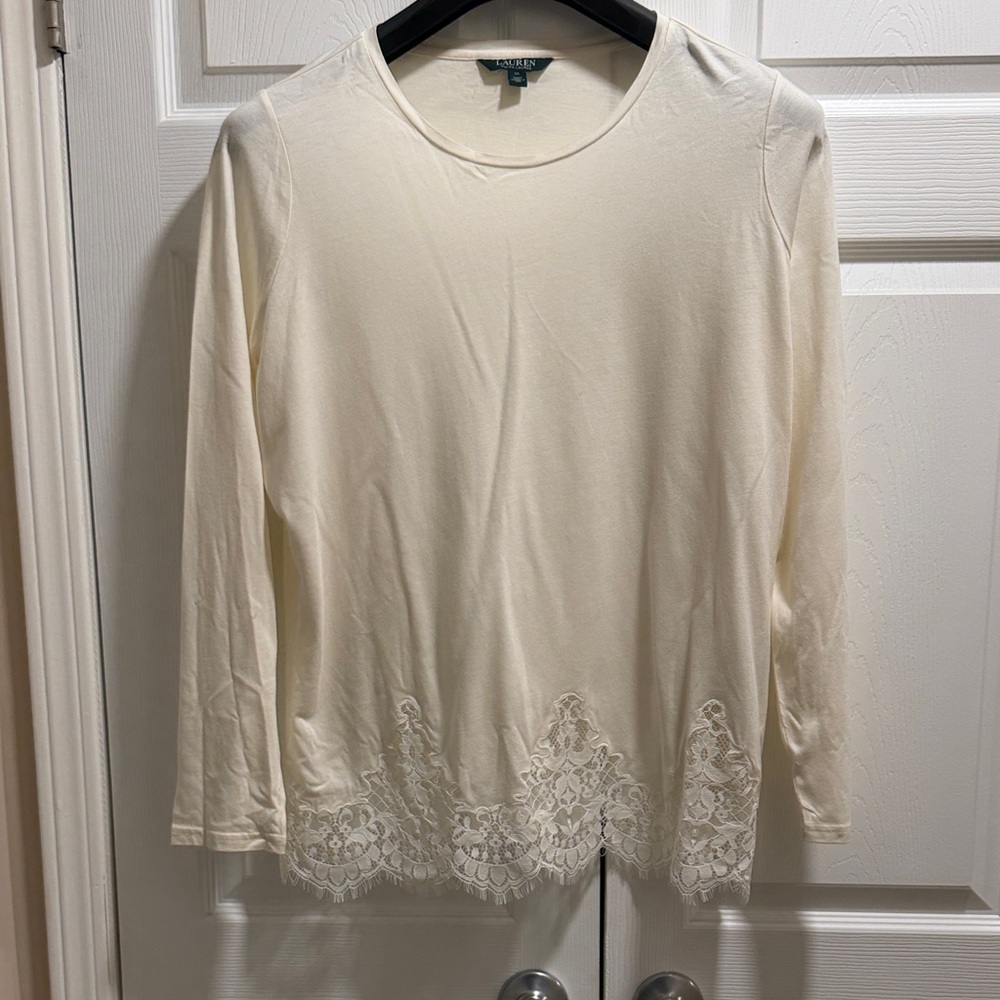 Polo by Ralph Lauren Cream Long Sleeve Top with Lace Hem